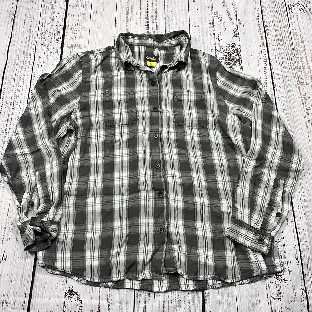 Cabela's Womens XL Shirt Gray Plaid Flannel Long Sleeve Button-Up Pockets Light - Picture 2 of 9